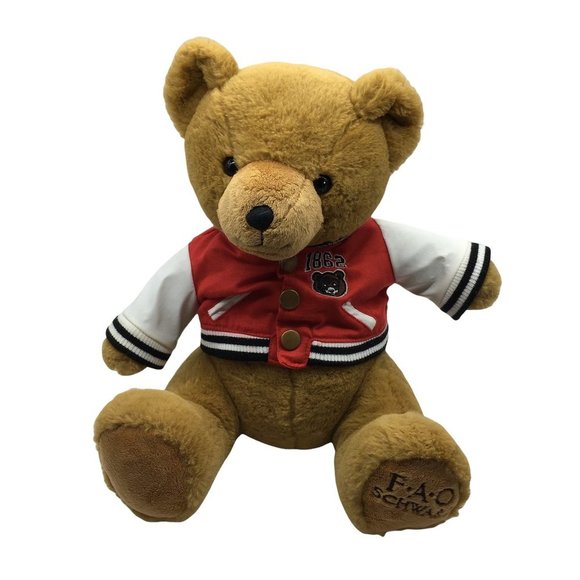 FAO Schwarz Teddy Bear Plush Varsity Jacket 1862 Stuffed Animal 12" Soft Cuddly - Picture 1 of 5